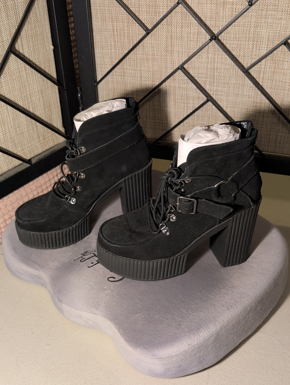 Never Worn T.U.K Black Suede Lace-Up Platform Ankle Boots with Buckle Strap